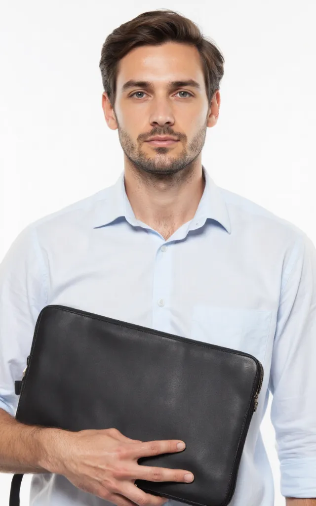 A French male model with a Laptop bag, wearing a shirt, against a white background, in a front   facing close   up